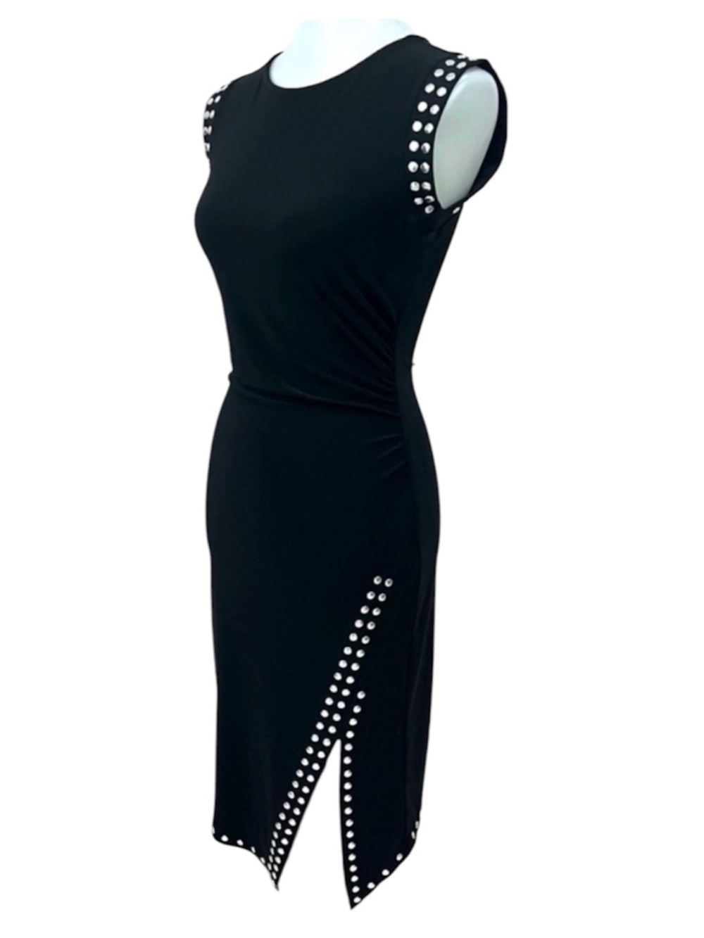 Joseph Ribkoff Studded Trim Slinky Stretchy Side Slit Little Black Dress LBD